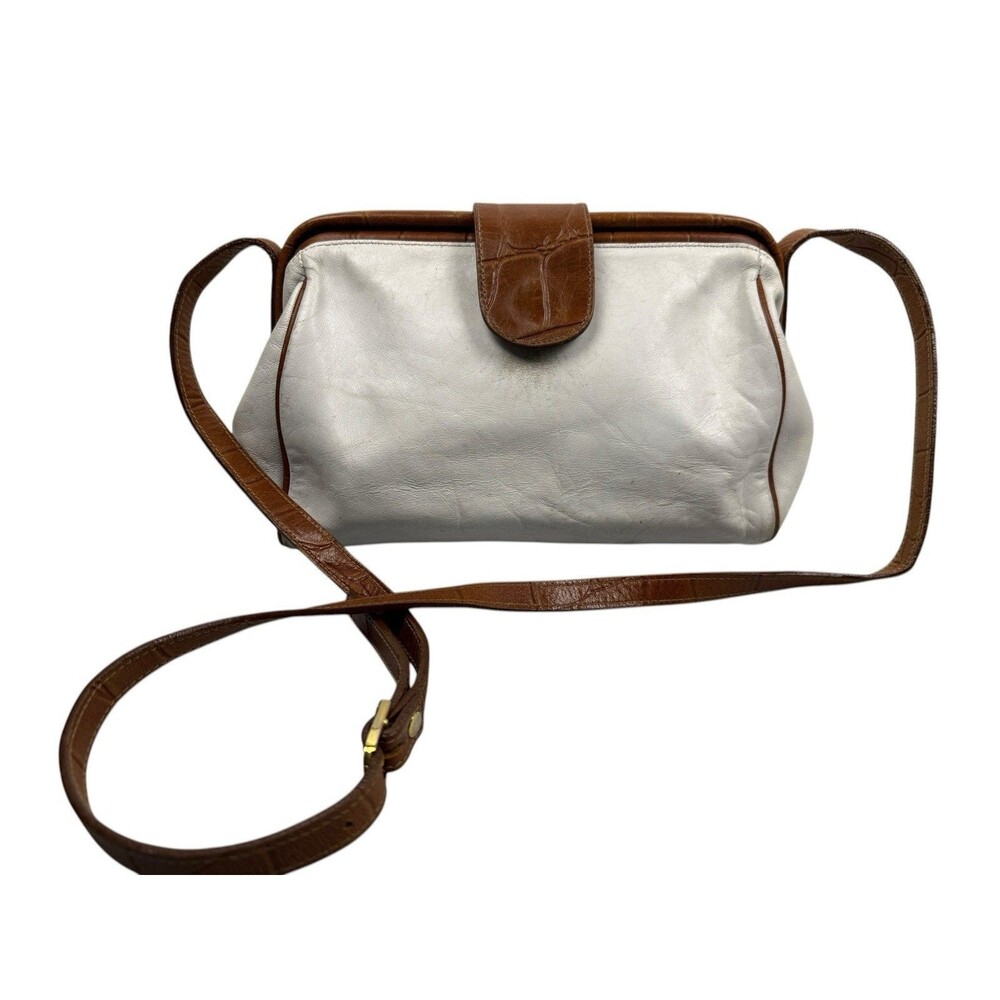 Courtenay Vintage Handbag  Genuine Leather White Brown Purse 11.5" x 7.5"
